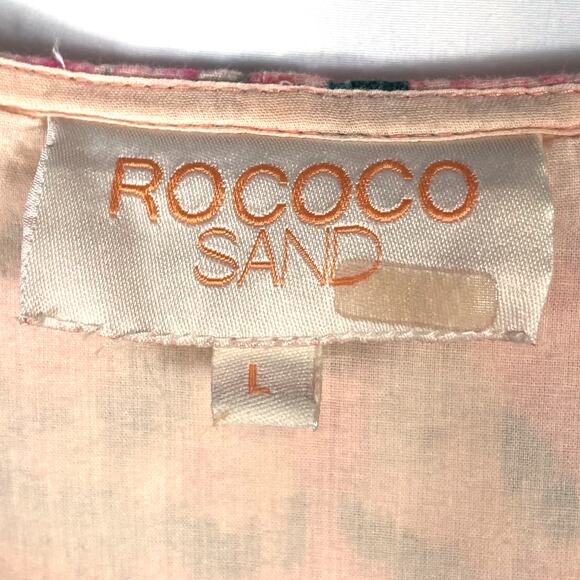 Rococo Sand Mimi Wrap Dress Print Pink Ruffle Long Puff Sleeve V-Neck Sz L - Picture 11 of 12